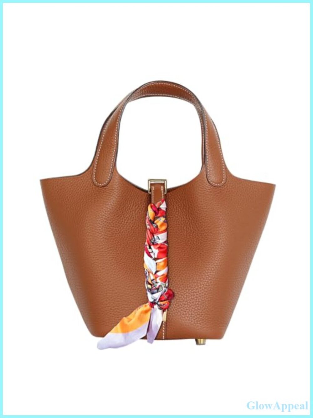 Genuine Leather Bucket Bag with Detachable Scarf and Metal Clasp